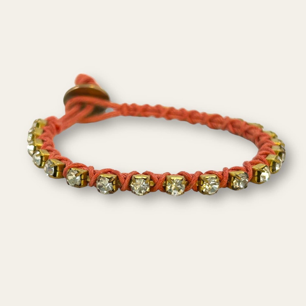 Calypso Designs Handmade Rhinestone Bracelet Woven Red Salmon Cord Boho Festival